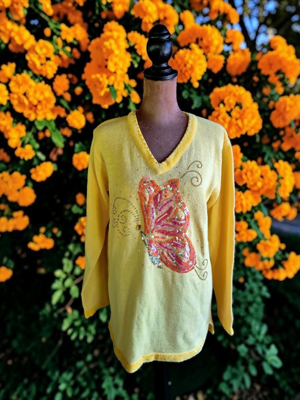 Sunny Yellow Butterfly Sequin V-Neck Sweater